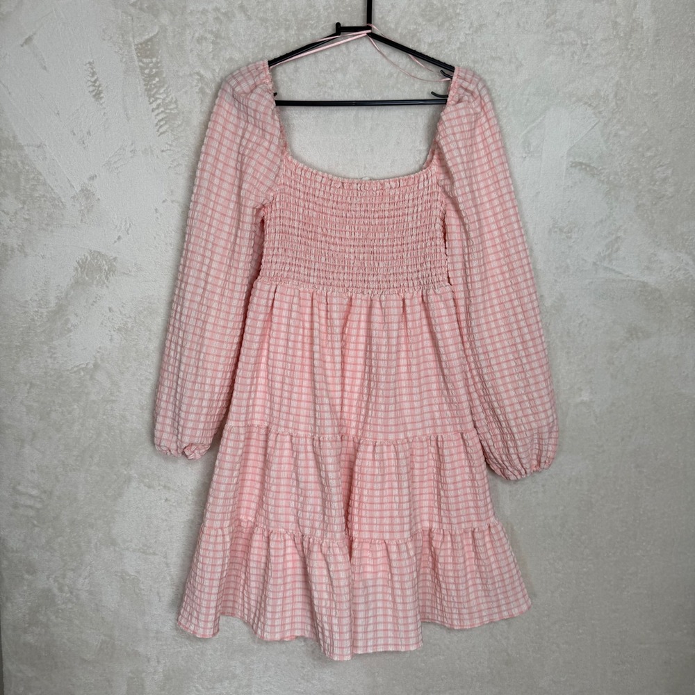 Pink Gingham Smocked Mini Dress Coquette Cottagecore Puff Sleeve Size L
